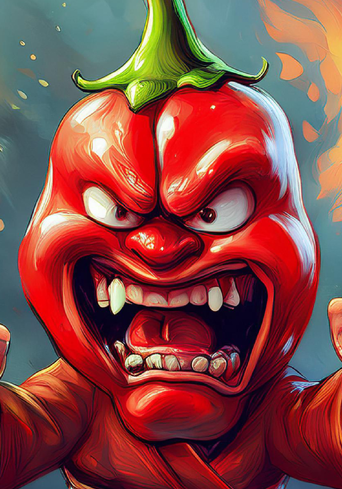 Frustrated hot red pepper with mouth open.